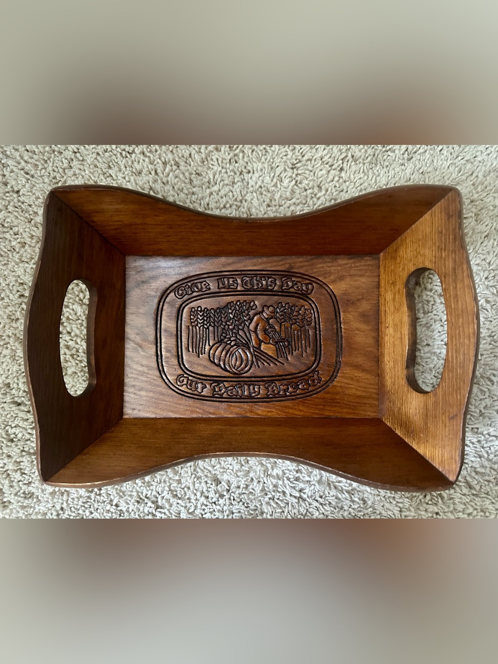 Carved Wooden Tray with Harvest Motif - Warm Brown